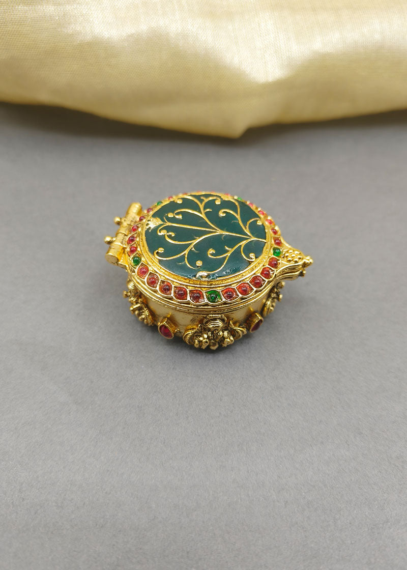 Round Kundan Leaf Design Meenakari Kumkum Box / Sindoor Box