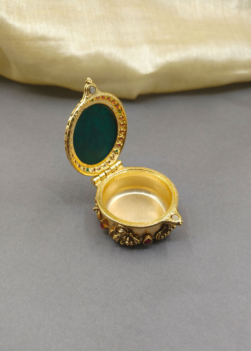 Round Kundan Leaf Design Meenakari Kumkum Box / Sindoor Box