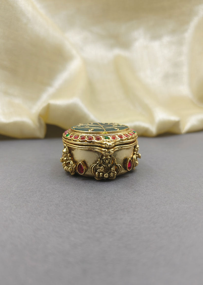 Round Kundan Leaf Design Meenakari Kumkum Box / Sindoor Box