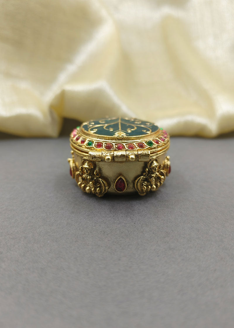 Round Kundan Leaf Design Meenakari Kumkum Box / Sindoor Box