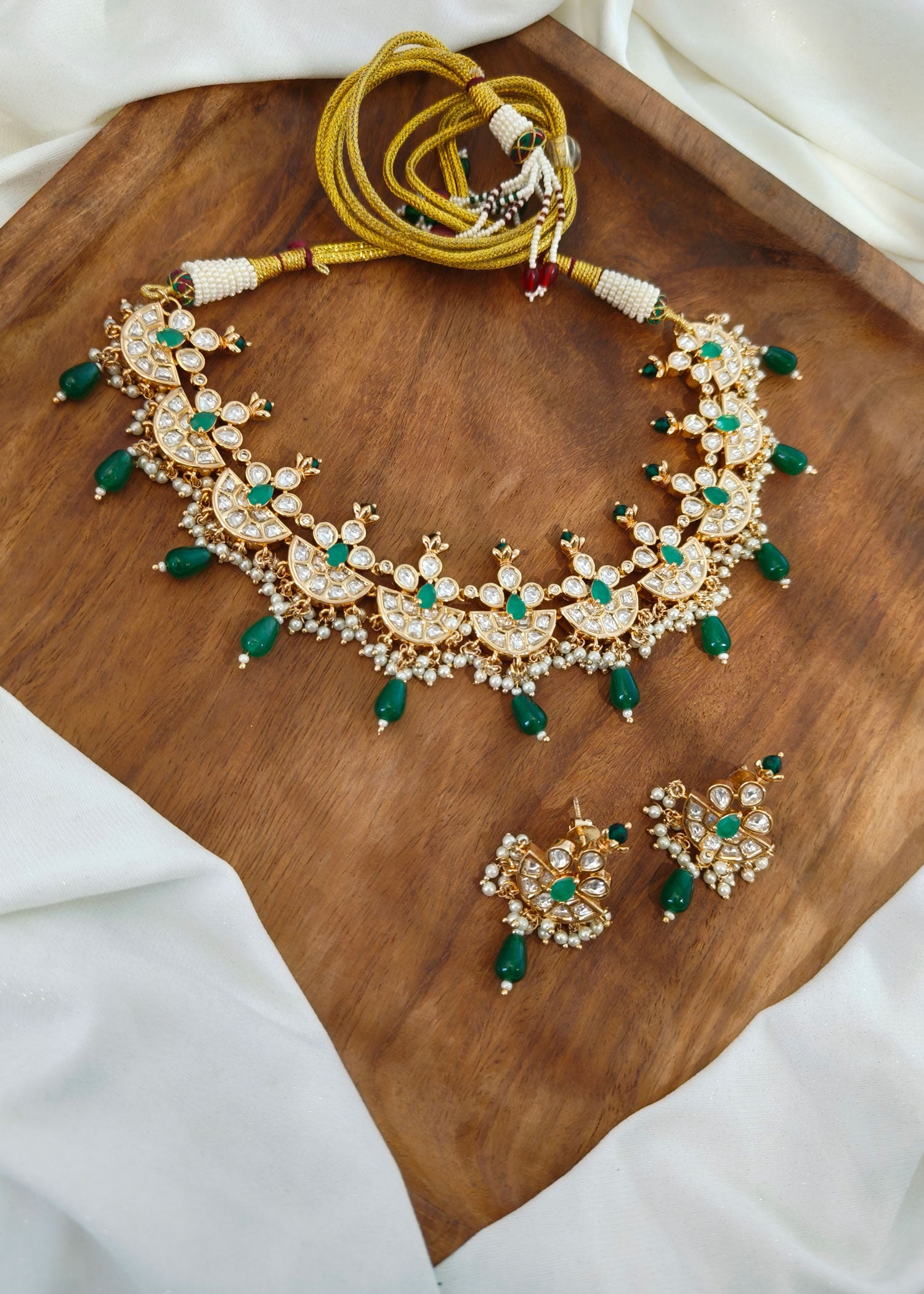Kundan Dark Green Beads Short Necklace Set