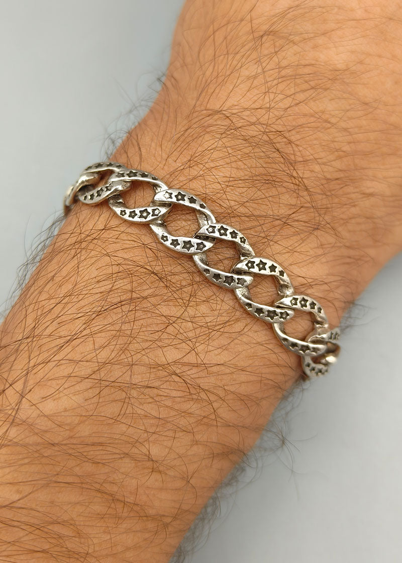 92.5 Sterling Silver Cuban Star Design Oxidized Men Loose Bracelet