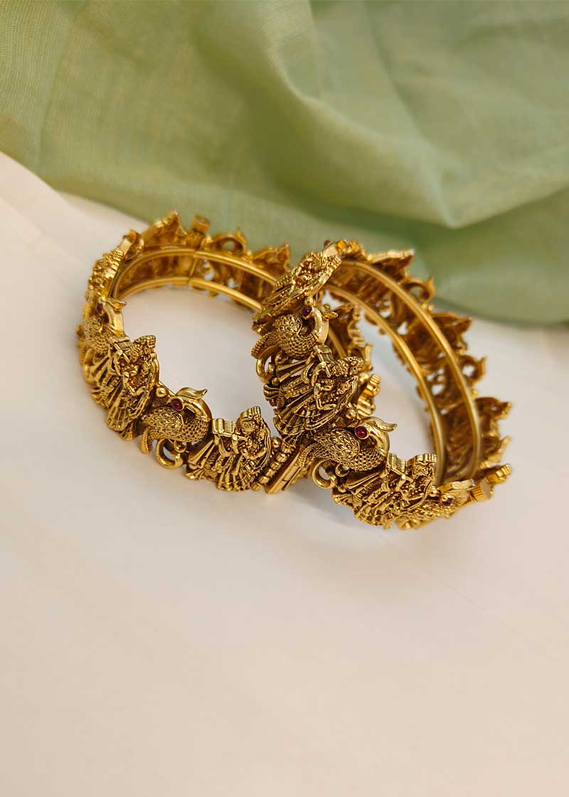 Radha Krishna Temple Antique Gold Openable Bangles (Pair)