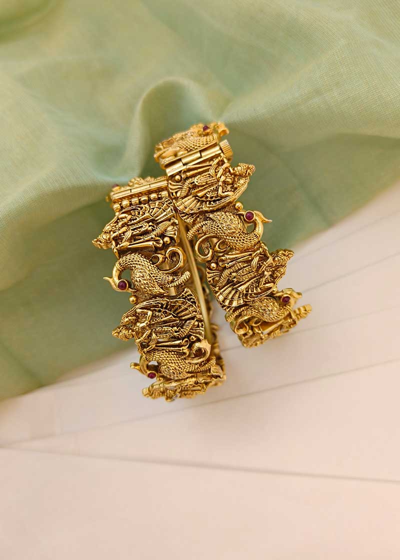Radha Krishna Temple Antique Gold Openable Bangles (Pair)