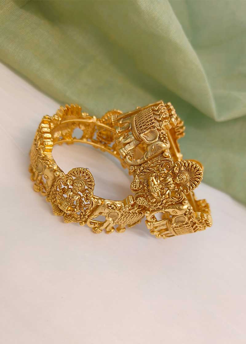 Divine Lakshmi Temple Antique Gold Openable Bangles (Pair)