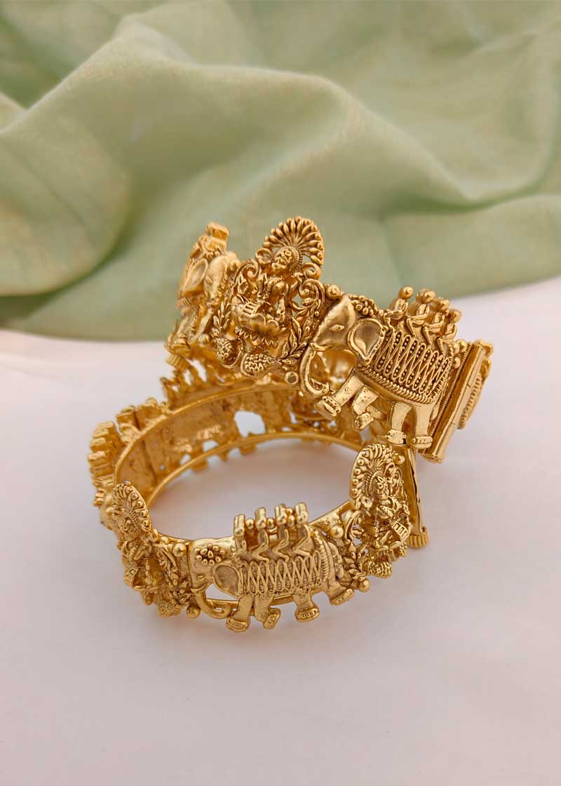 Divine Lakshmi Temple Antique Gold Openable Bangles (Pair)