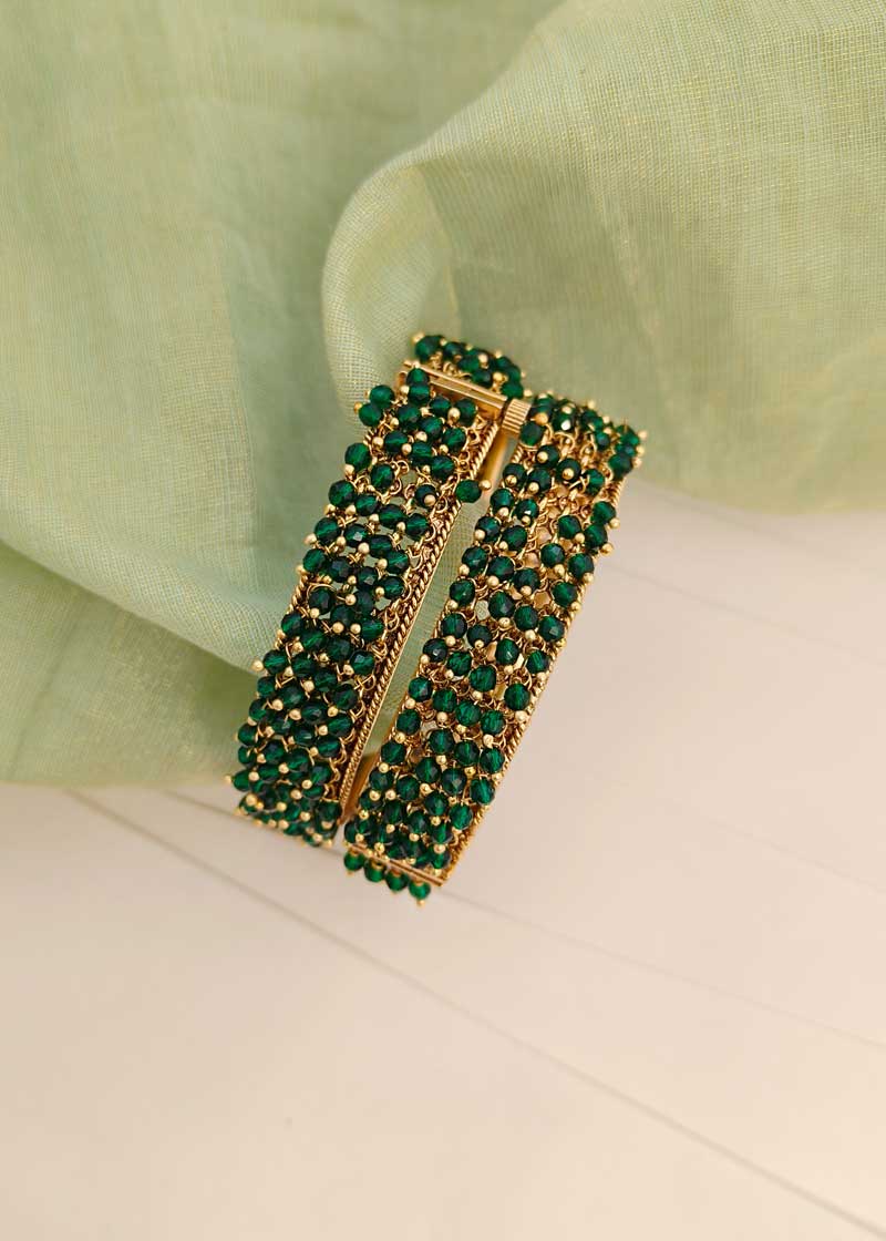 All Over Green Beads High Gold Openable Bangles (Pair)