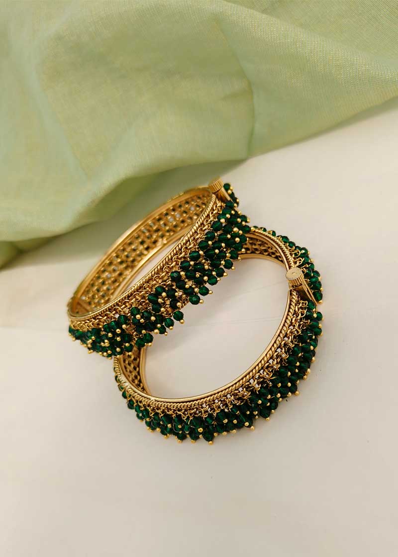 All Over Green Beads High Gold Openable Bangles (Pair)