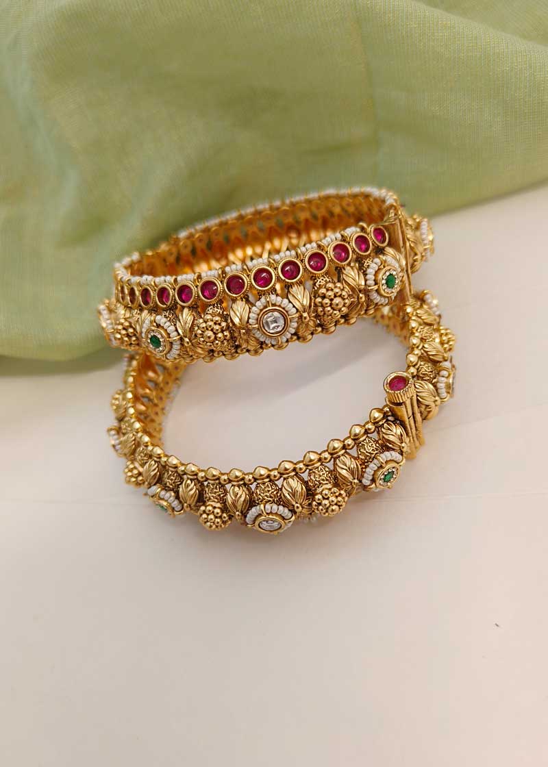 Antique Gold Kundan Traditional Openable Bangles (Pair)