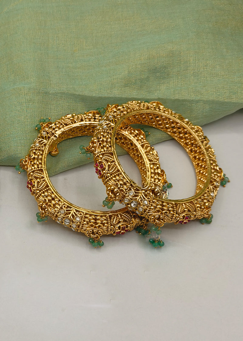 Elegant Kundan Green Pink Antique Gold Openable Bangles (Pair)