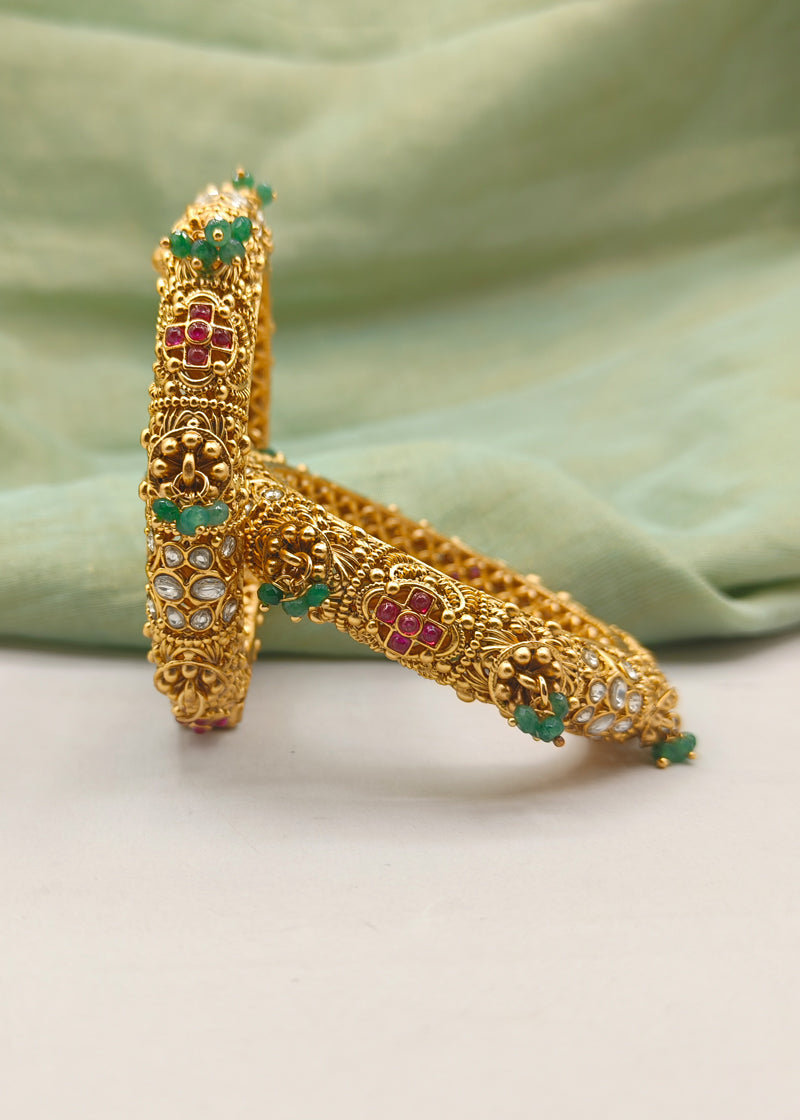 Elegant Kundan Green Pink Antique Gold Openable Bangles (Pair)