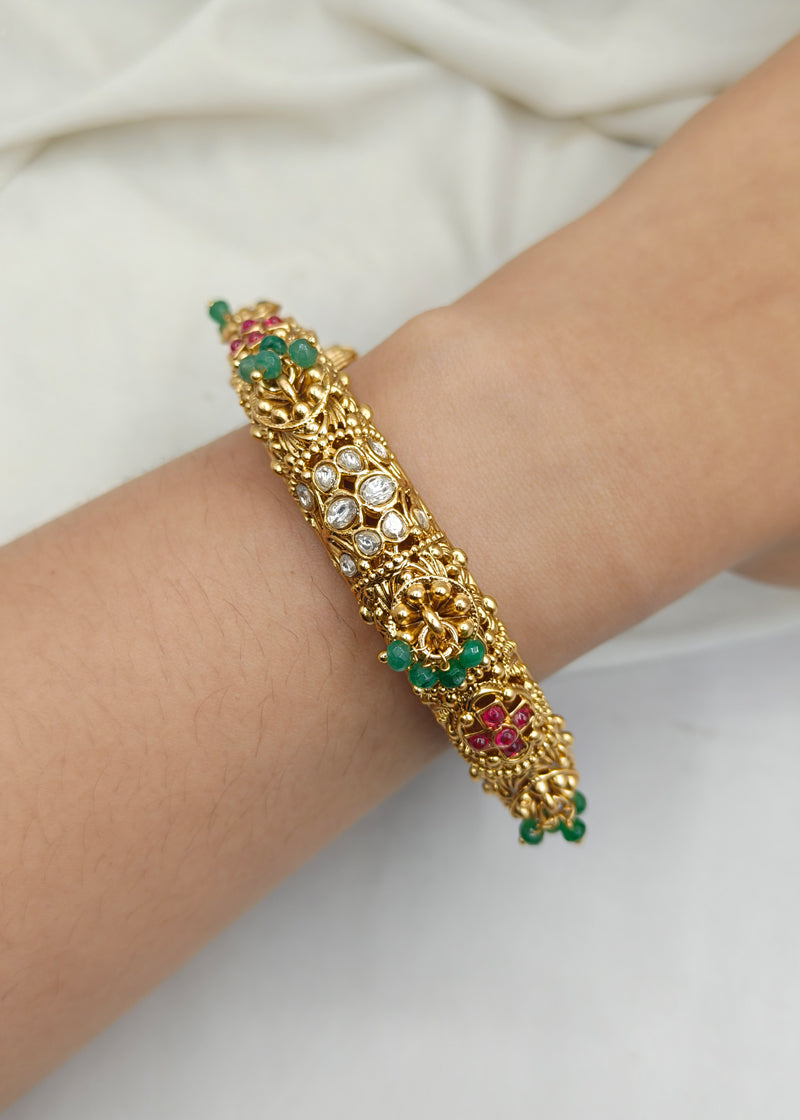 Elegant Kundan Green Pink Antique Gold Openable Bangles (Pair)