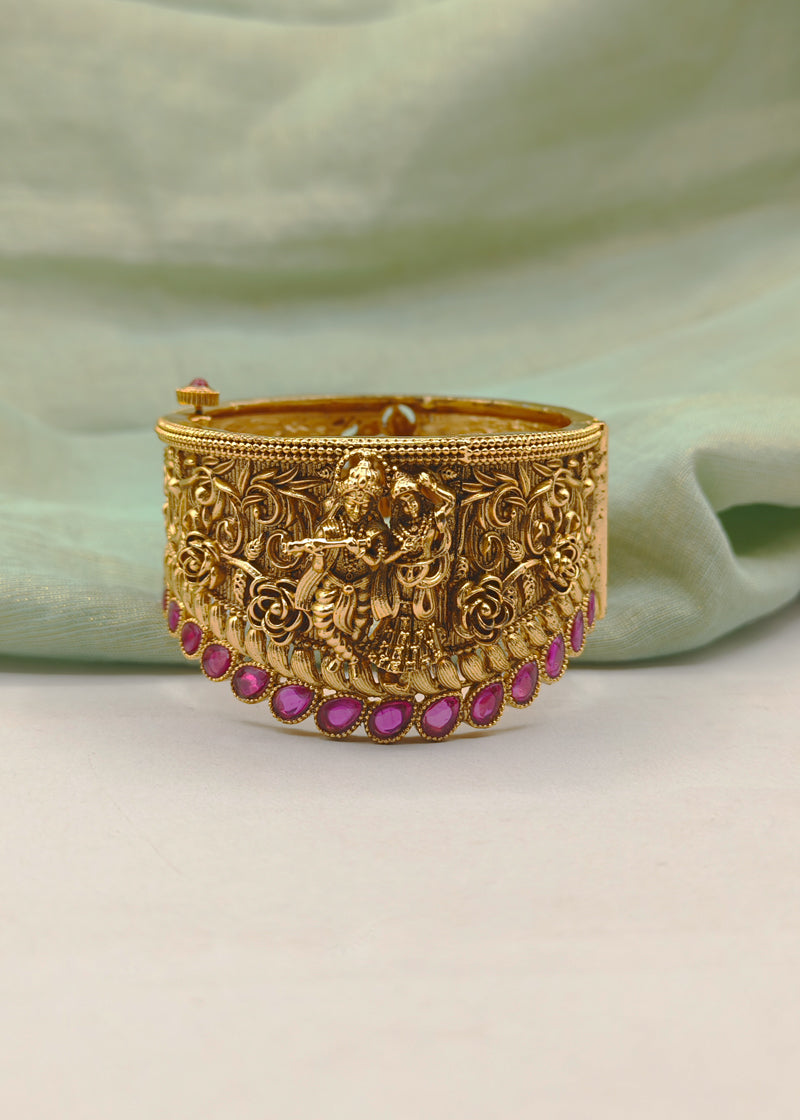 Broad Radha Krishna Design Temple Antique Gold Openable Bangle / Kada (Single)