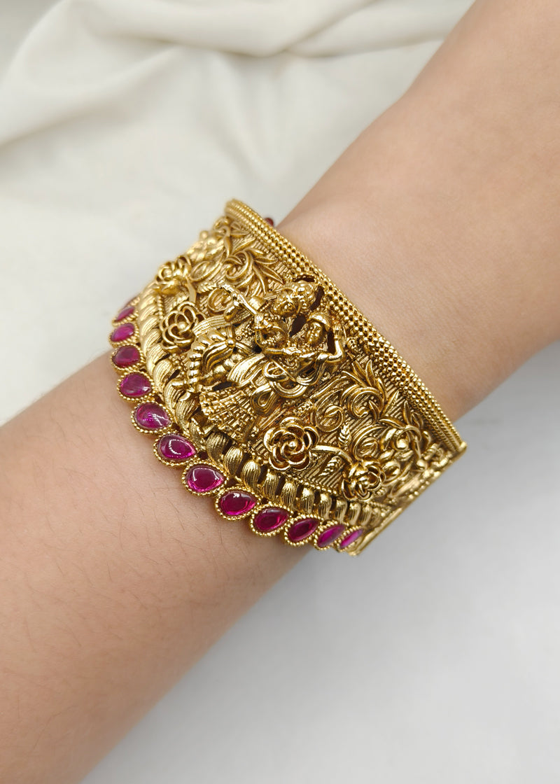Broad Radha Krishna Design Temple Antique Gold Openable Bangle / Kada (Single)