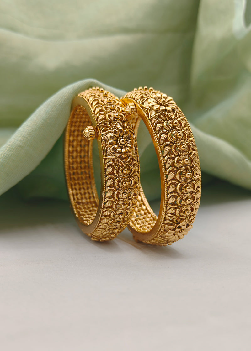 Beautiful Floral Design Antique Gold Openable Bangles (Pair)
