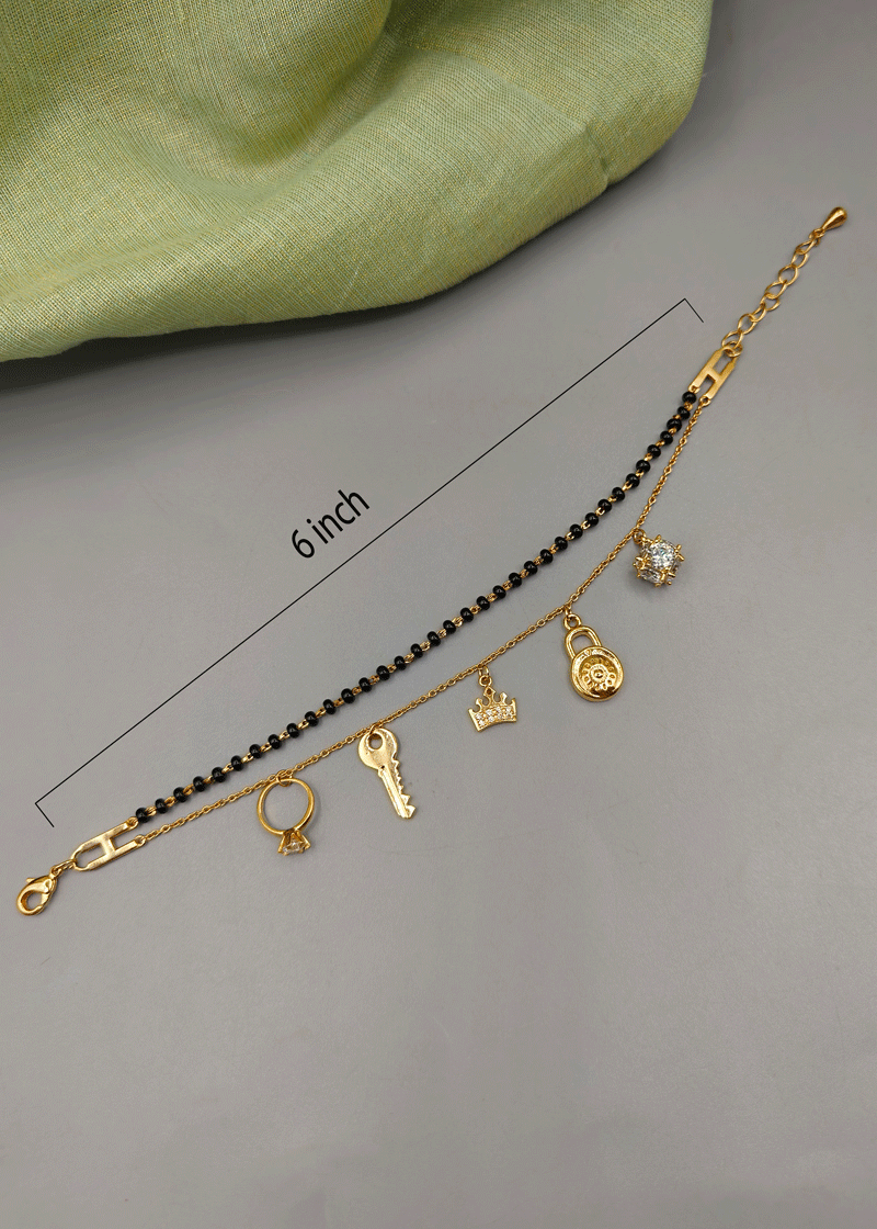 Fancy Charm & Cubic Zircon Gold Plated Mangalsutra Adjustable Bracelet
