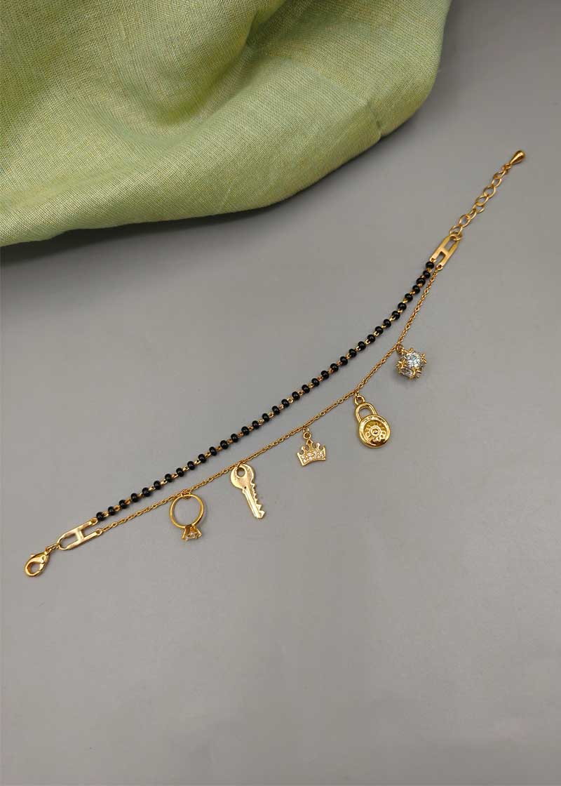 Fancy Charm & Cubic Zircon Gold Plated Mangalsutra Adjustable Bracelet