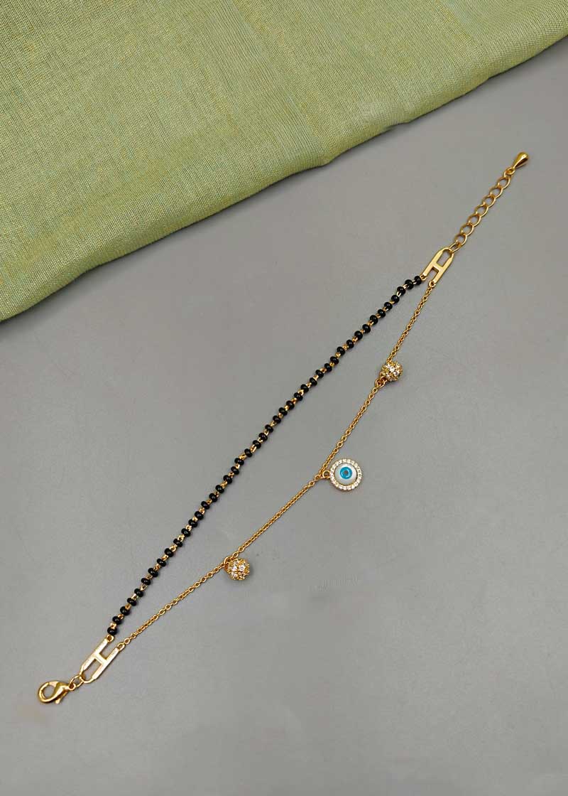 Double Layer Evil Eye & Cubic Zircon Gold Plated Mangalsutra Bracelet