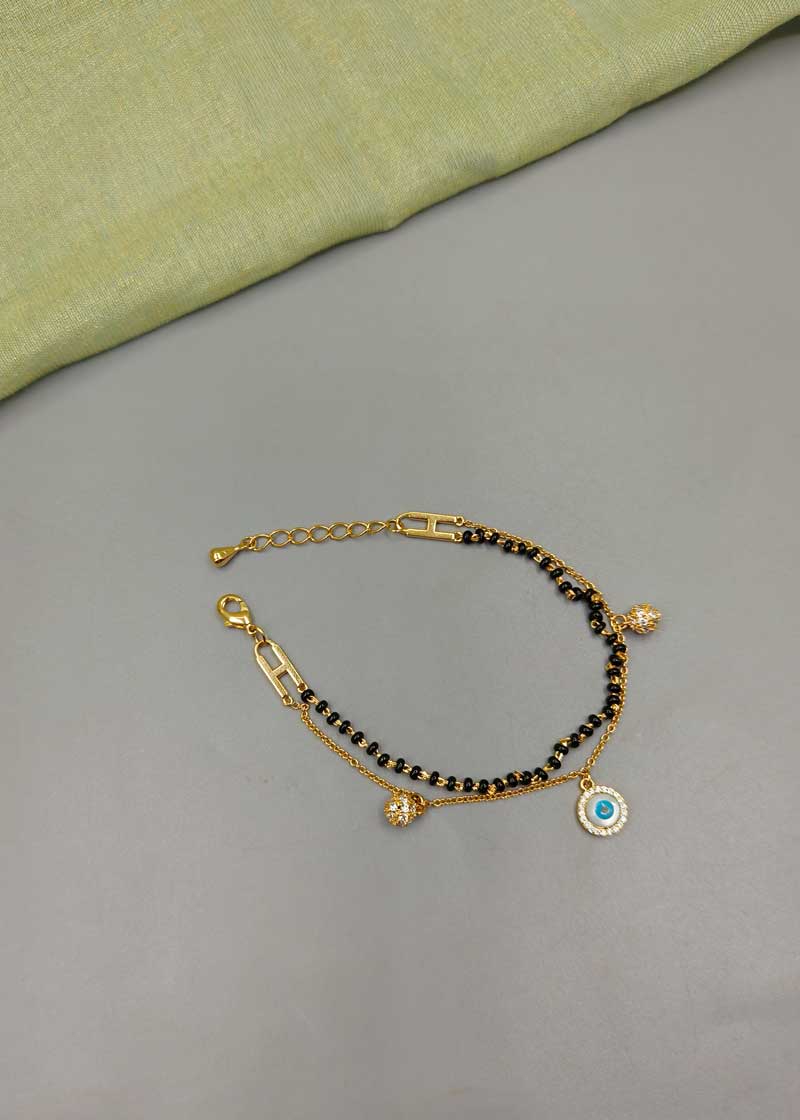 Double Layer Evil Eye & Cubic Zircon Gold Plated Mangalsutra Bracelet