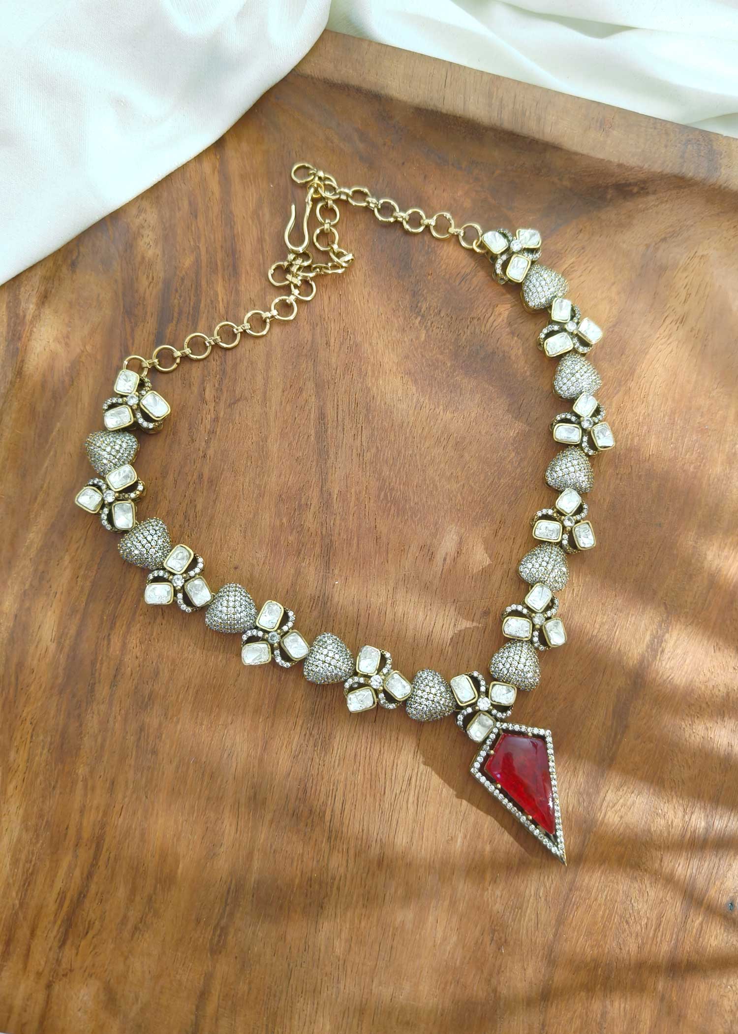 Designer Ruby / Emerald Moissanite Short Necklace Set