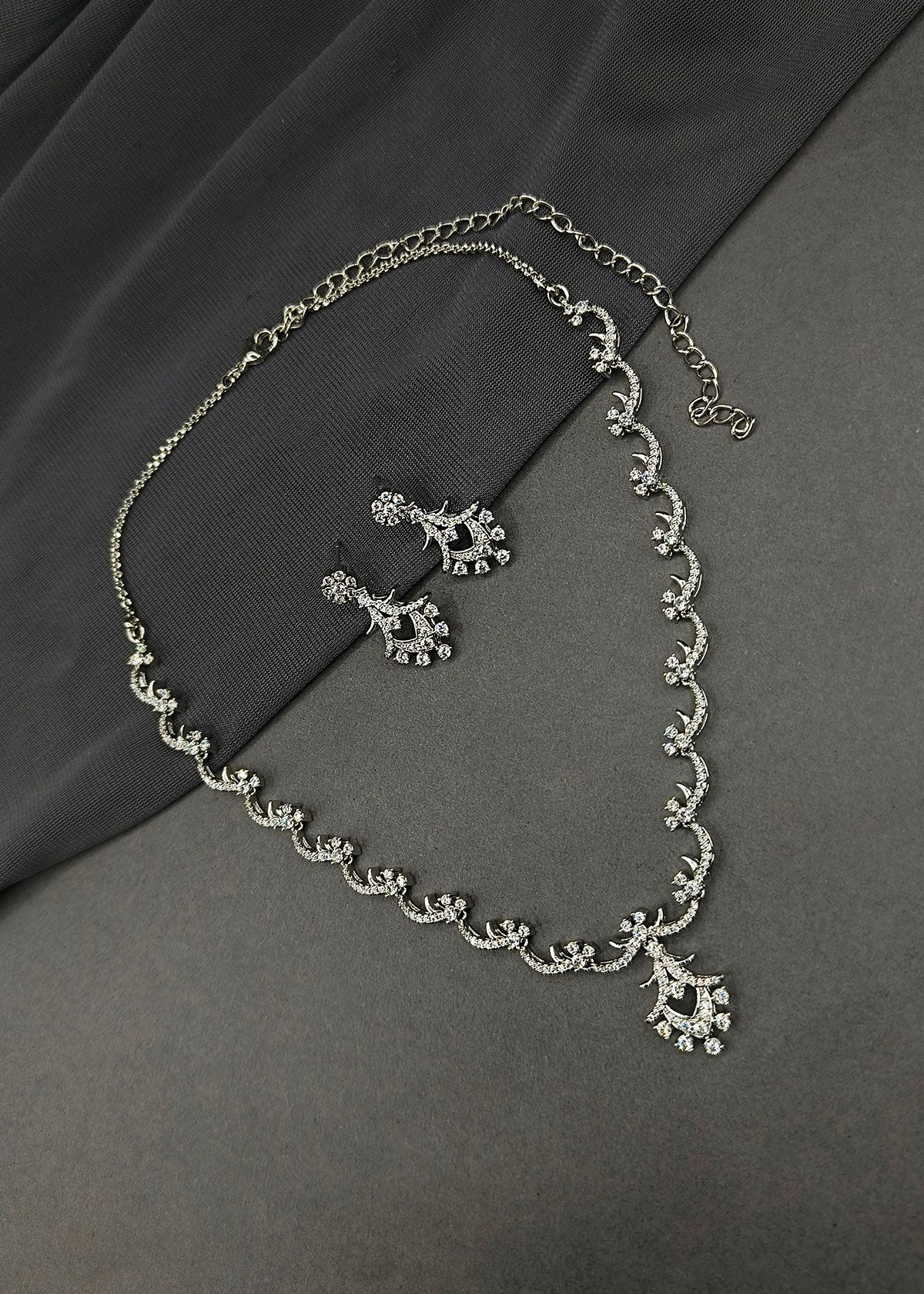 Shimmering Floral-Drop Cubic Zircon Silver-Plated Adjustable Short Necklace Set