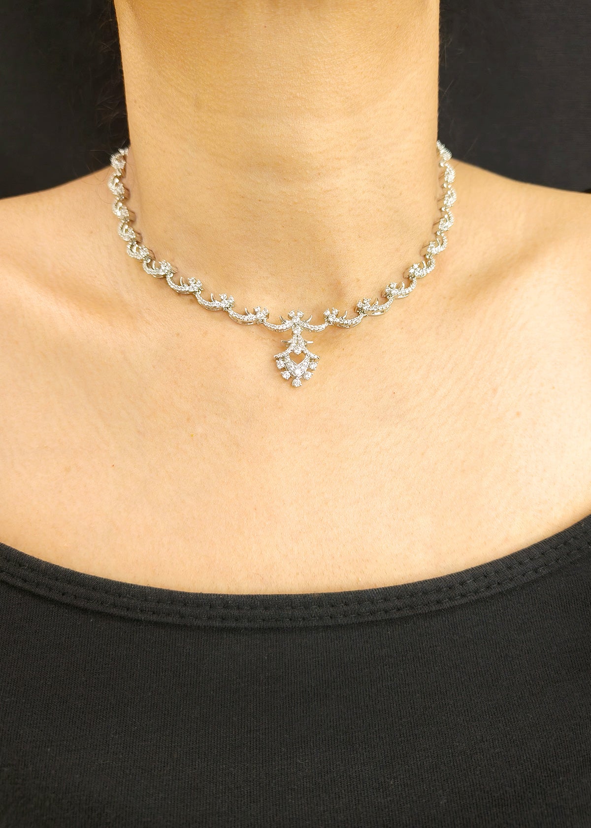 Shimmering Floral-Drop Cubic Zircon Silver-Plated Adjustable Short Necklace Set