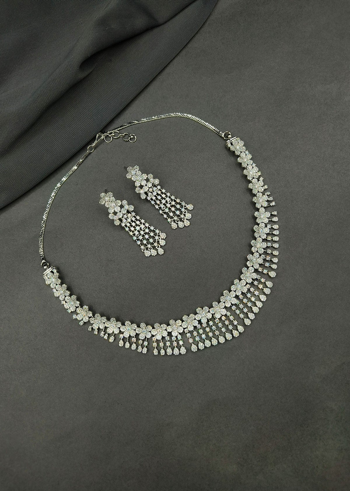 Floral Cascade Cubic Zircon Necklace Set With Long Earrings