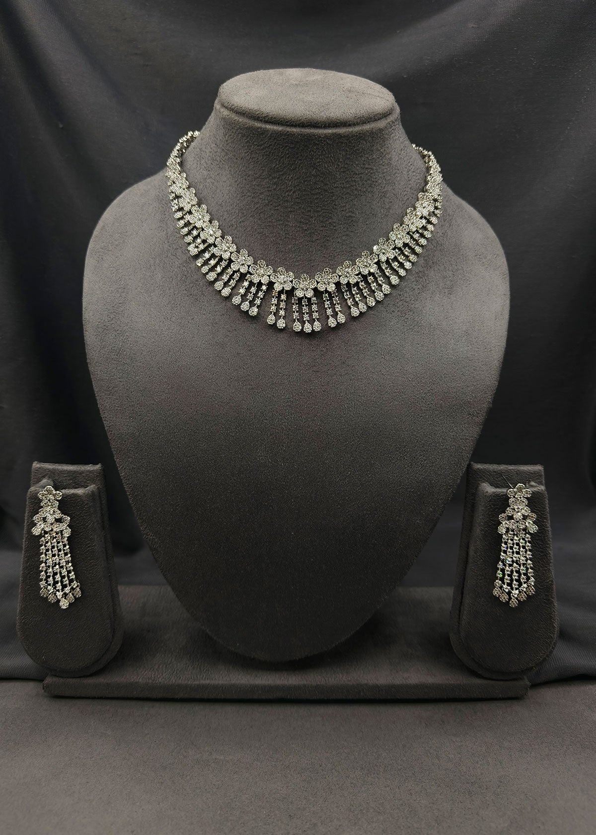 Floral Cascade Cubic Zircon Necklace Set With Long Earrings