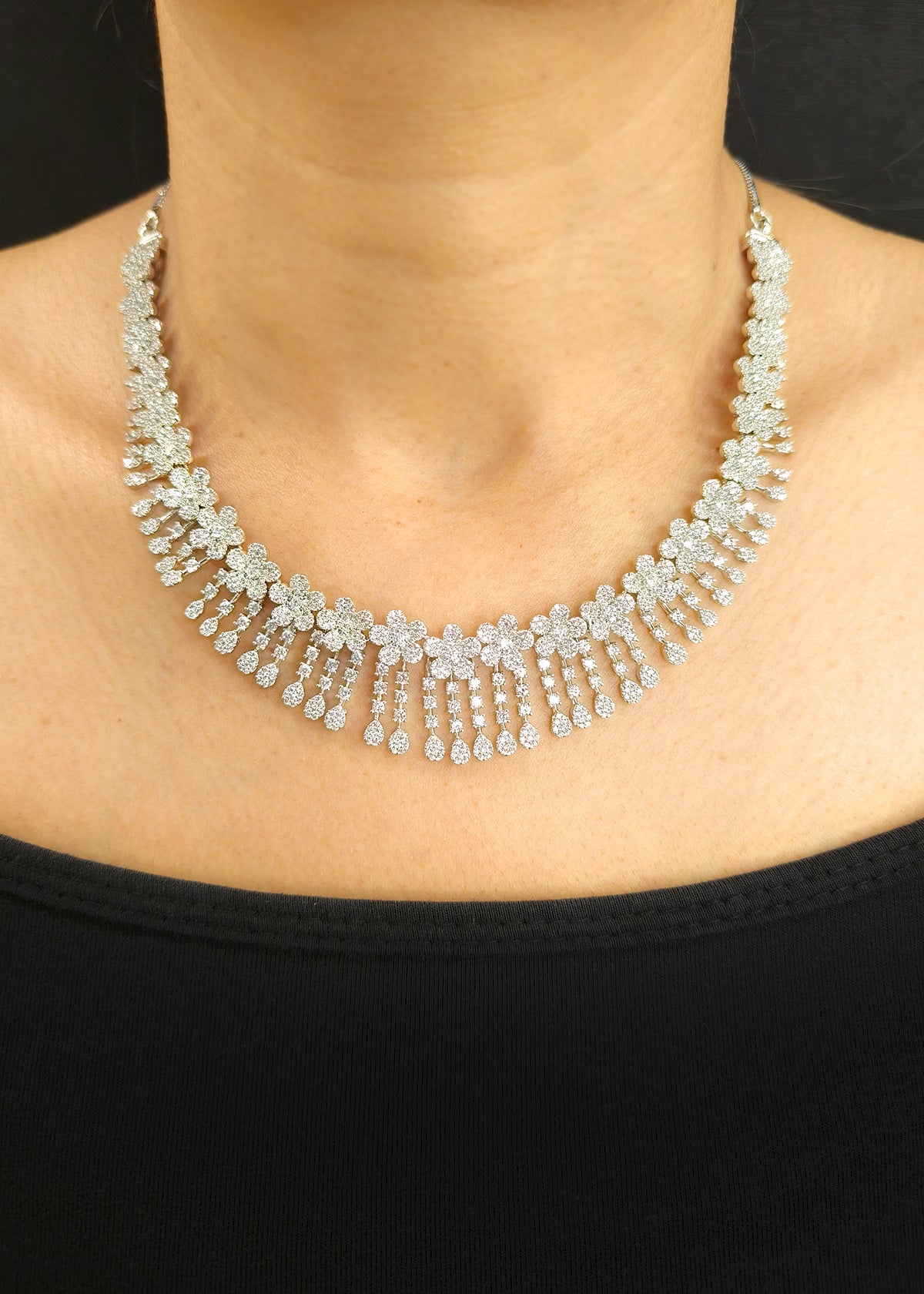 Floral Cascade Cubic Zircon Necklace Set With Long Earrings