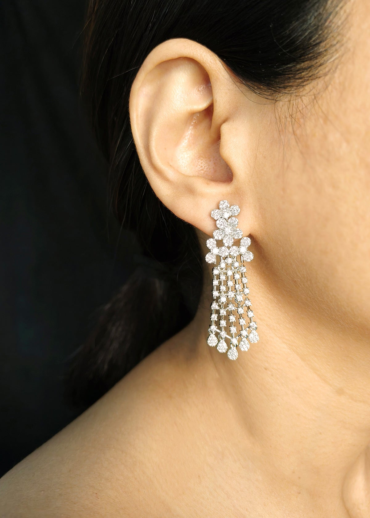 Floral Cascade Cubic Zircon Necklace Set With Long Earrings