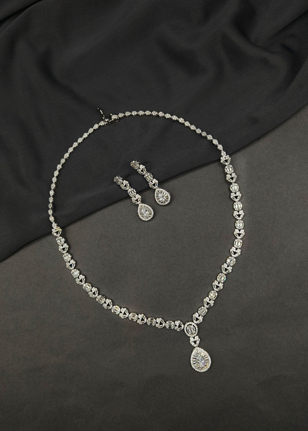 Classic Baguette Cubic Zircon Necklace Set With Long Earrings
