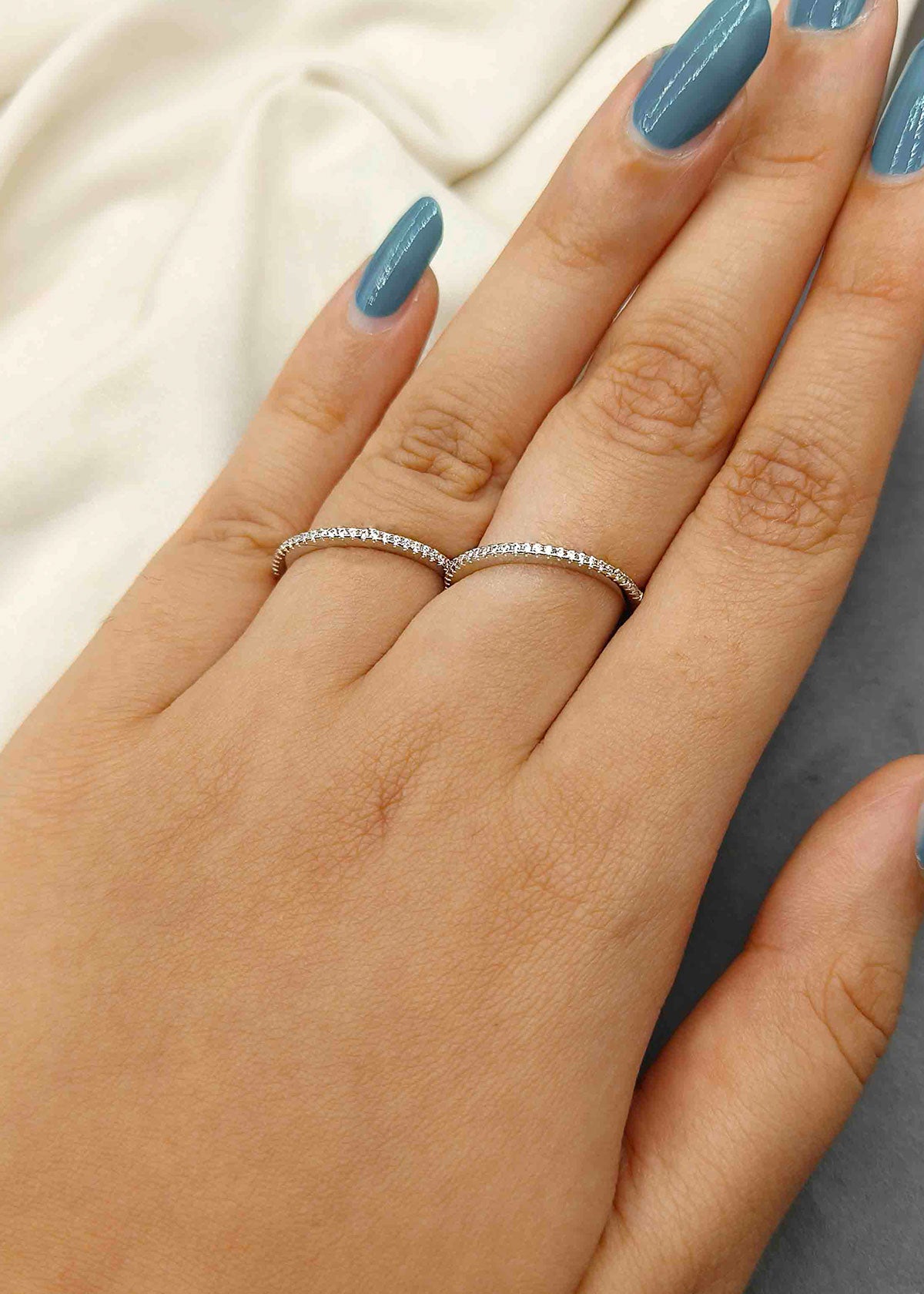 92.5 Sterling Silver Two-Finger Delicate Diamond Adjustable Finger Ring For Women