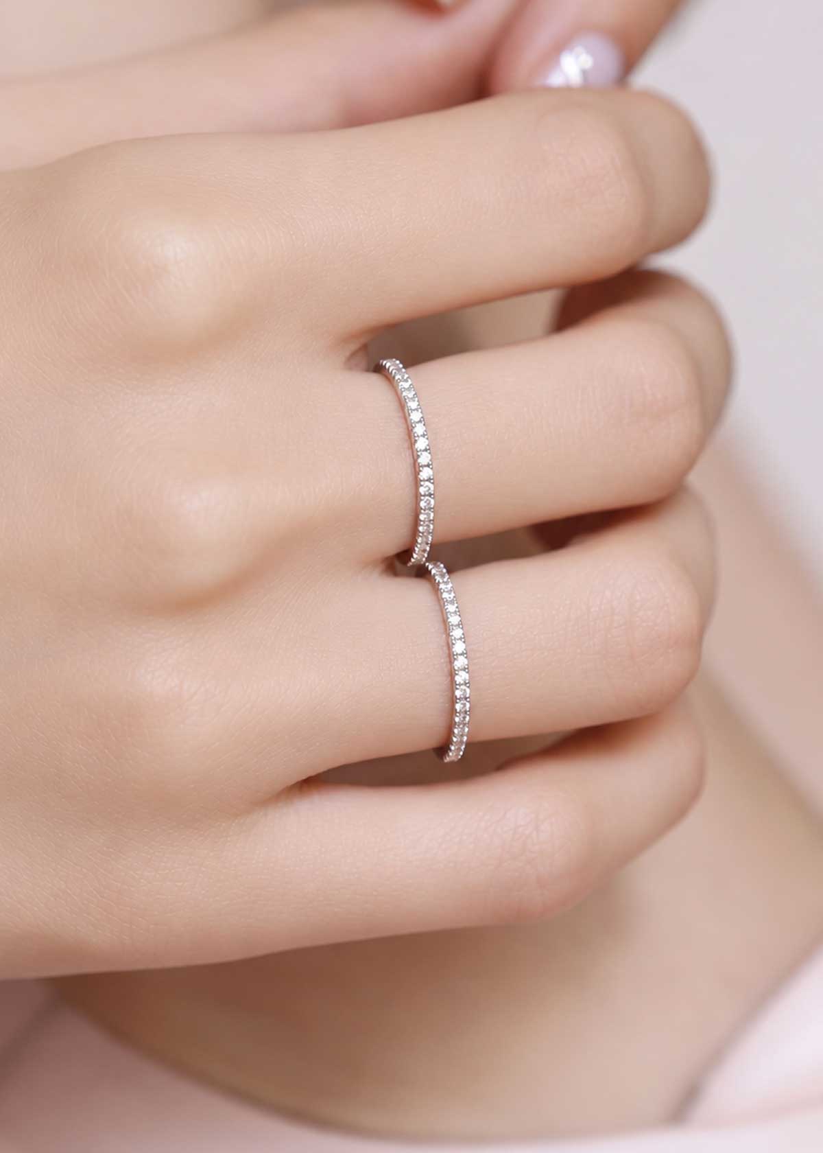 92.5 Sterling Silver Two-Finger Delicate Diamond Adjustable Finger Ring For Women
