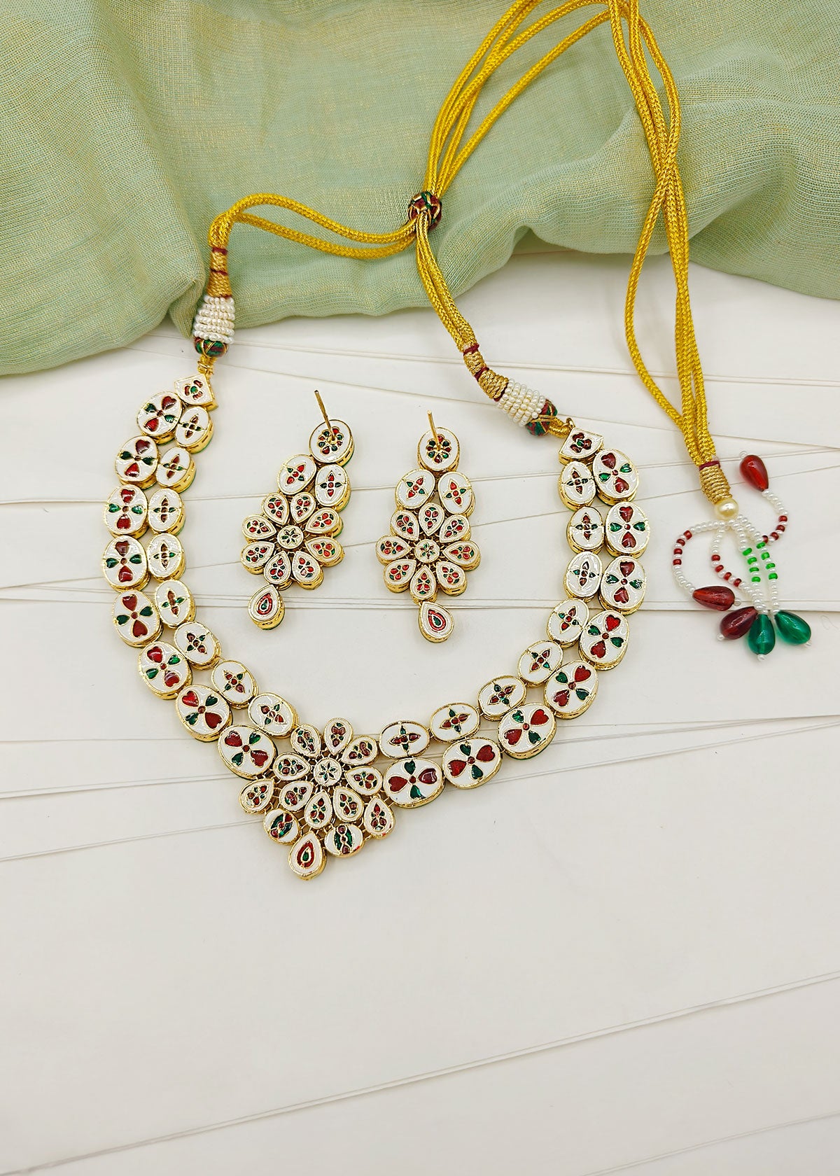 Gold Plated Floral Designer Two Line Adjustable Short Kundan Necklace Set