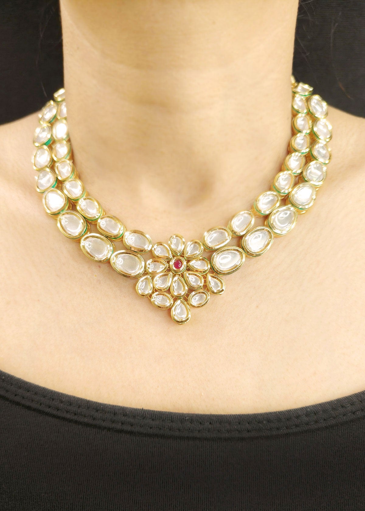 Gold Plated Floral Designer Two Line Adjustable Short Kundan Necklace Set