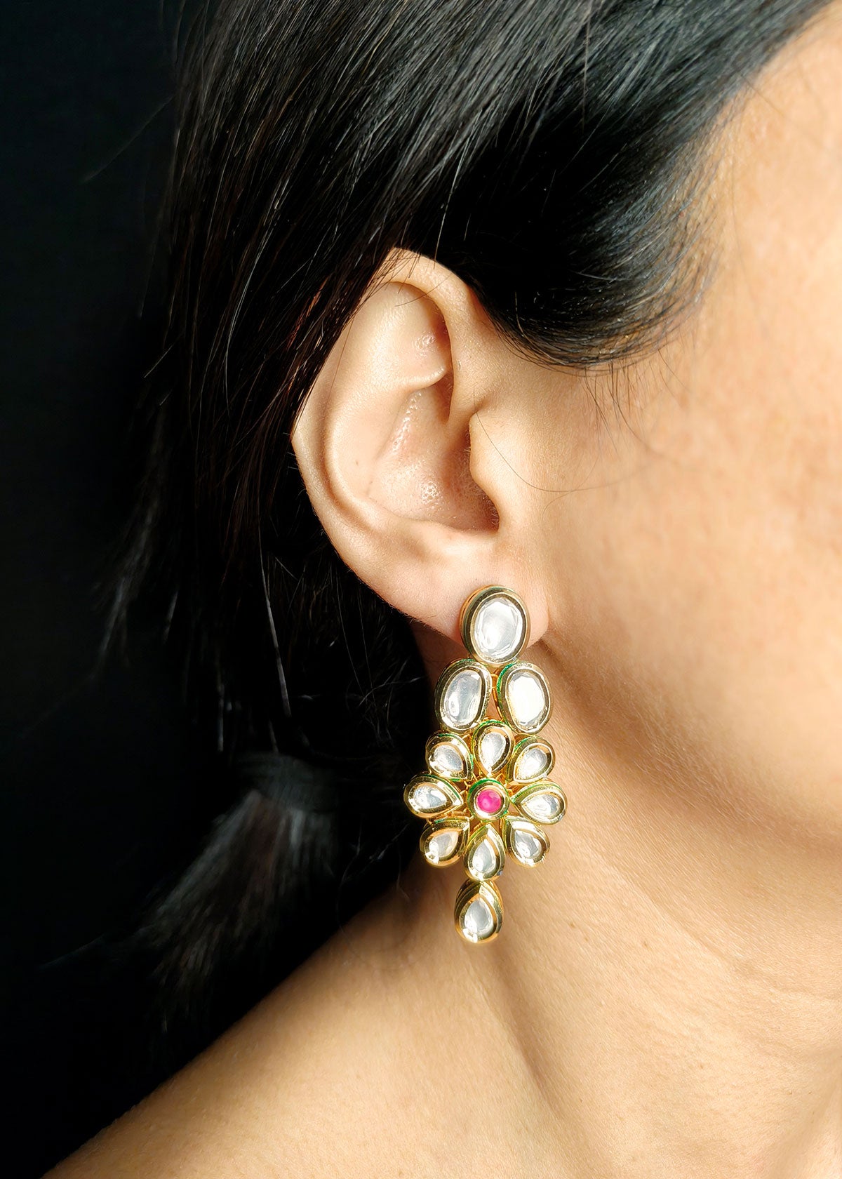 Gold Plated Floral Designer Two Line Adjustable Short Kundan Necklace Set