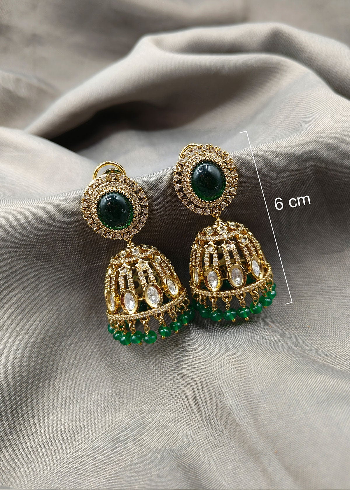 Cubic Zircon Ethnic Style Antique Gold Green Big Kundan Jhumka Earring