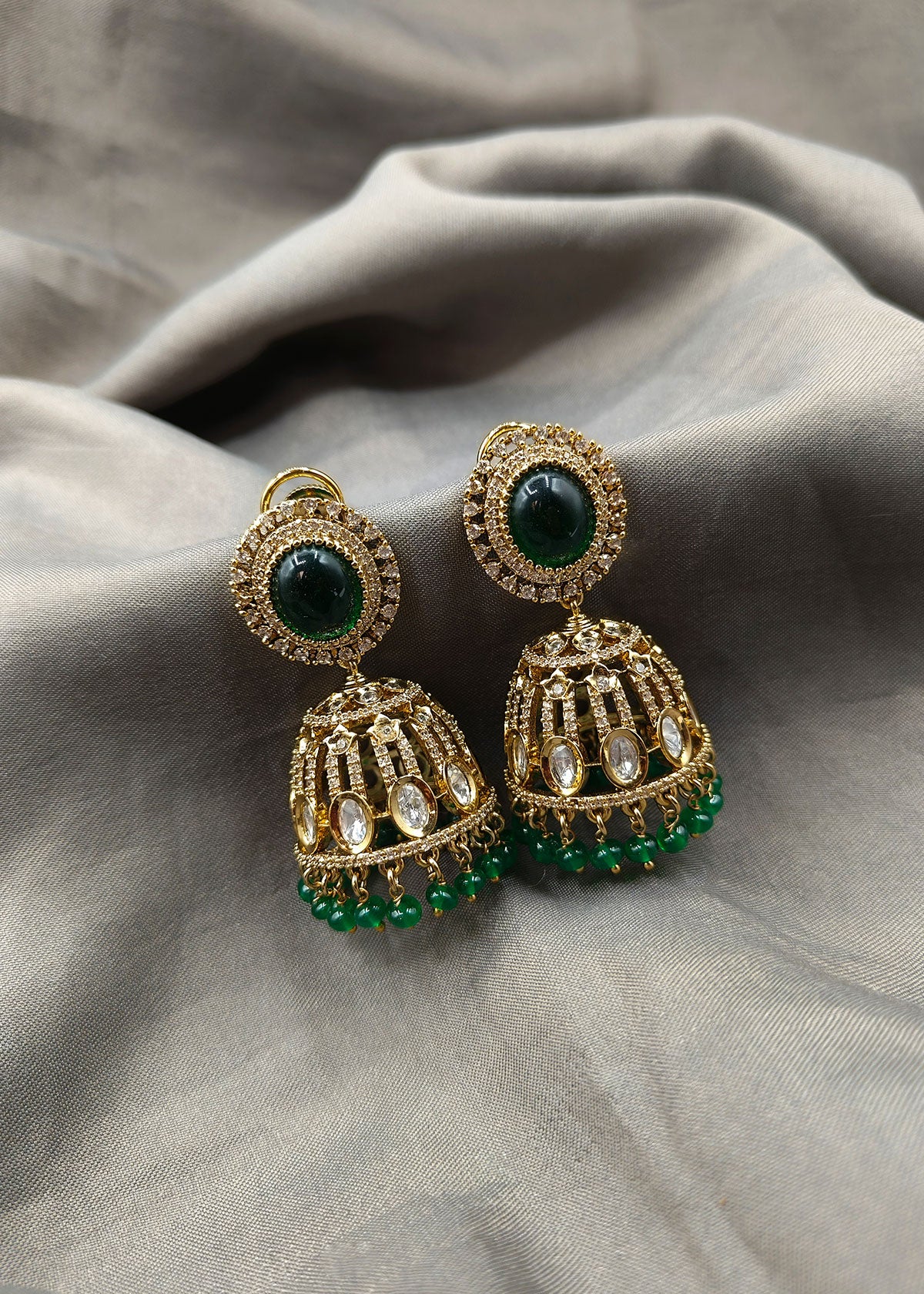 Cubic Zircon Ethnic Style Antique Gold Green Big Kundan Jhumka Earring