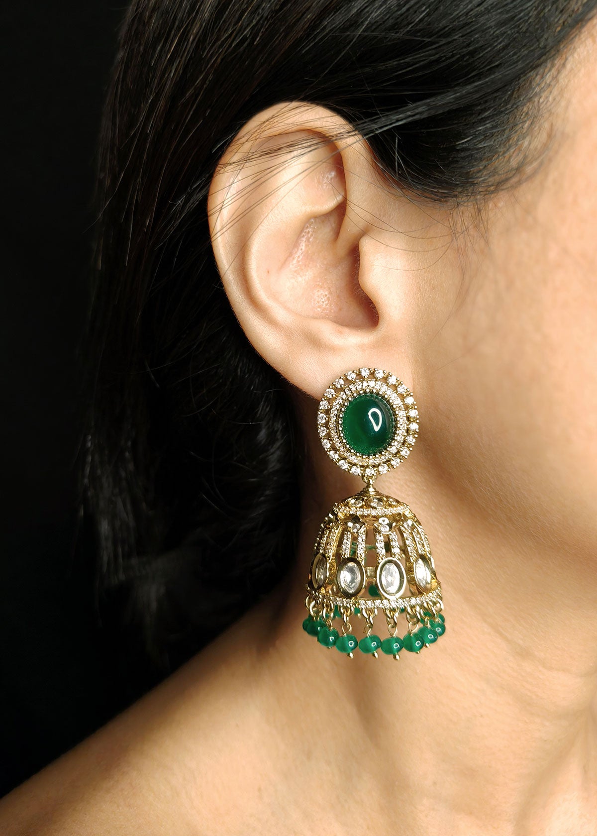 Cubic Zircon Ethnic Style Antique Gold Green Big Kundan Jhumka Earring