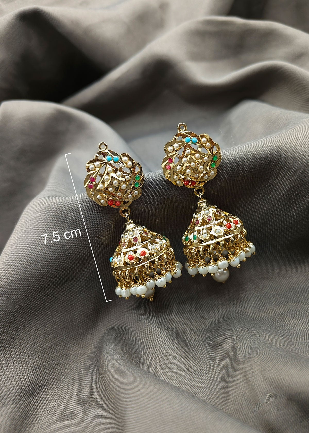 Traditional Big Multi Color Gold Plated Navratan Pearl Jhumka Earring