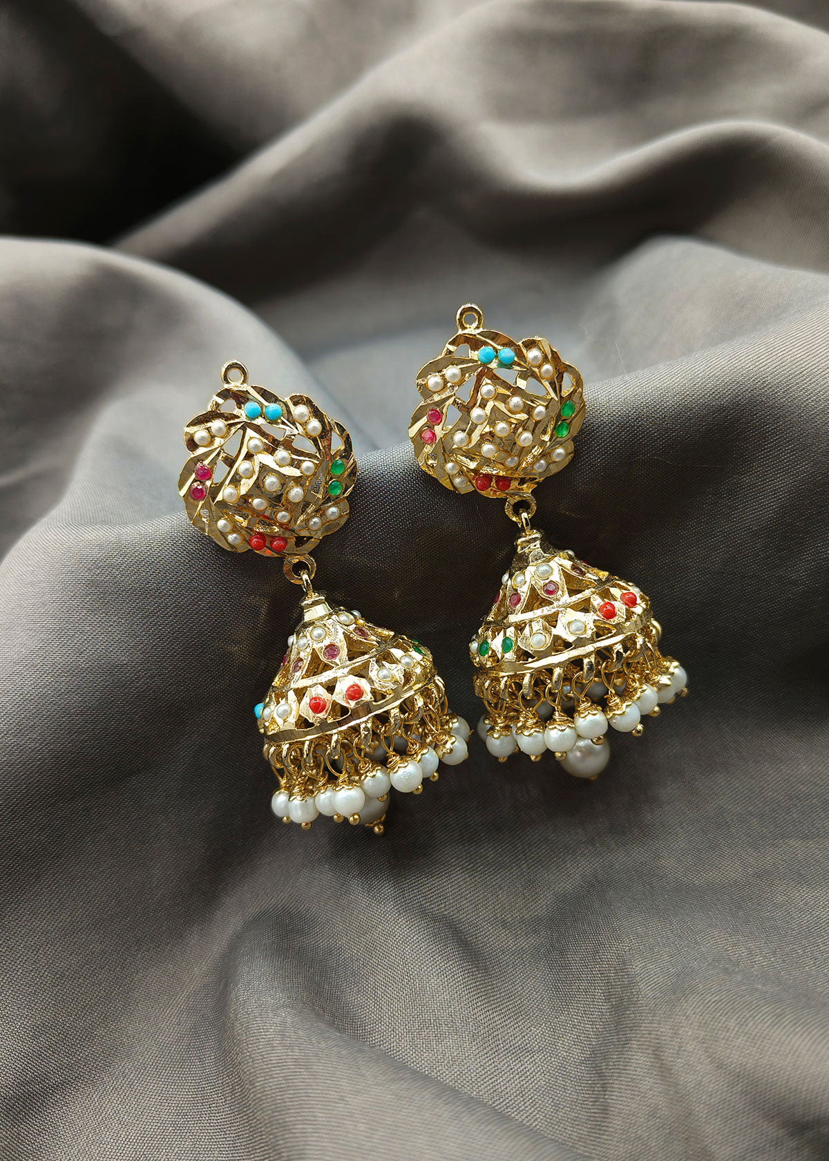 Traditional Big Multi Color Gold Plated Navratan Pearl Jhumka Earring