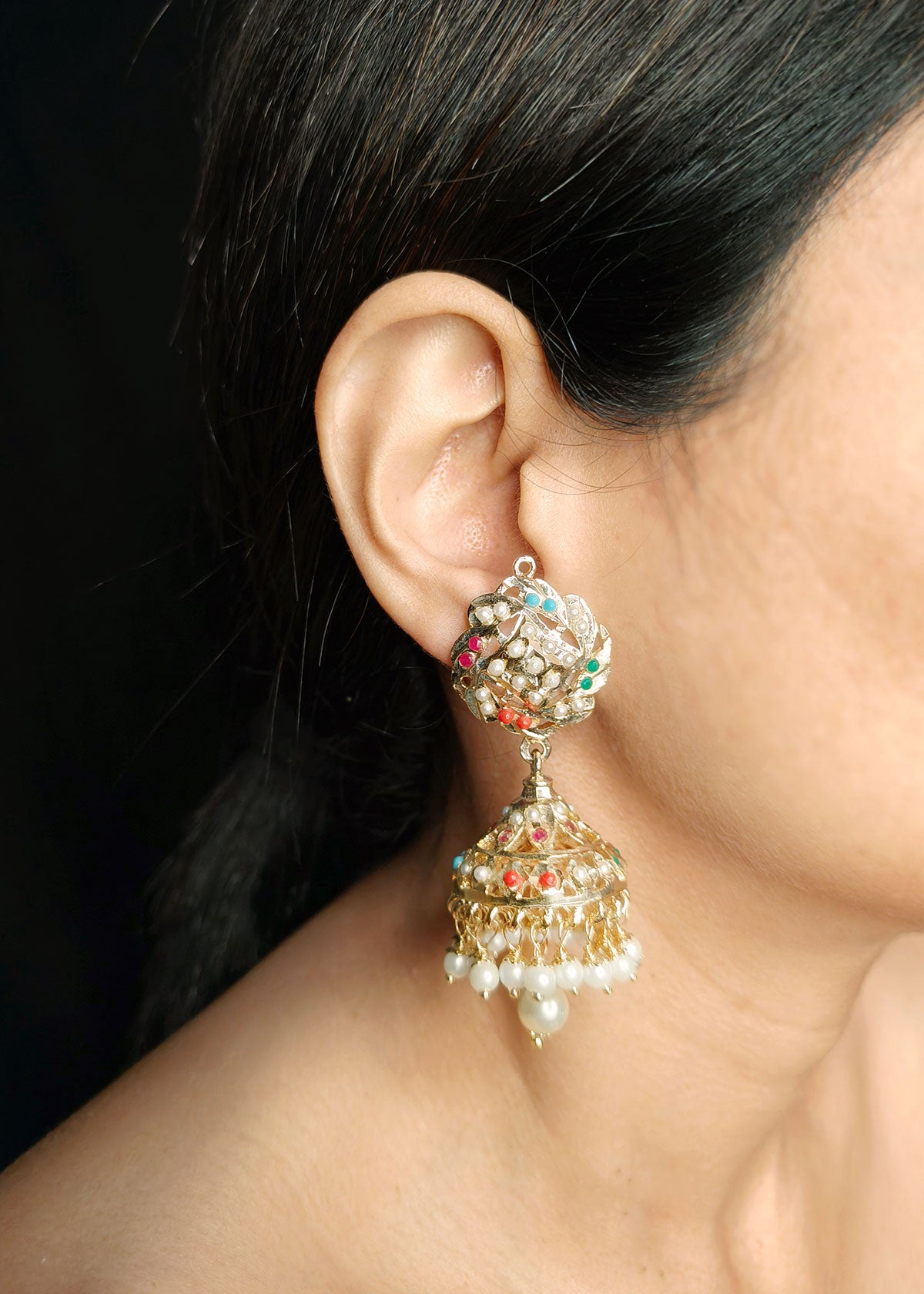 Traditional Big Multi Color Gold Plated Navratan Pearl Jhumka Earring