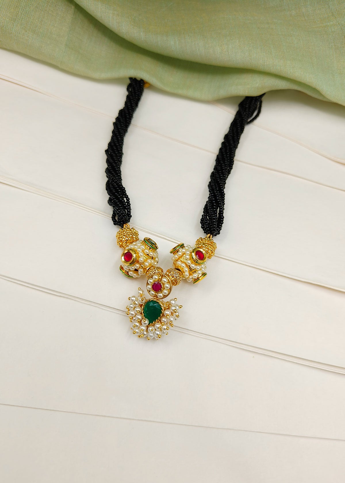 Gold Plated Traditional Maharashtrian Koli Style Thauja Adjustable Necklace With Emerald And Pearl