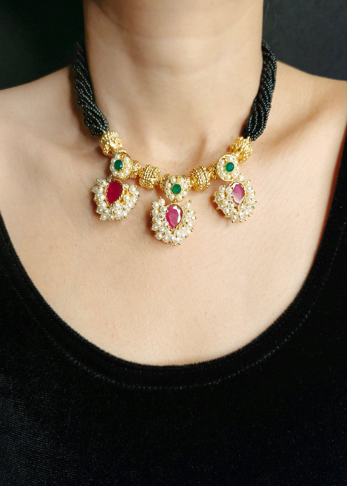 Gold Plated Red And Green With Pearl Clusters 3 Piece Maharashtrian Koli Style Short Adjustable Thauja Necklace