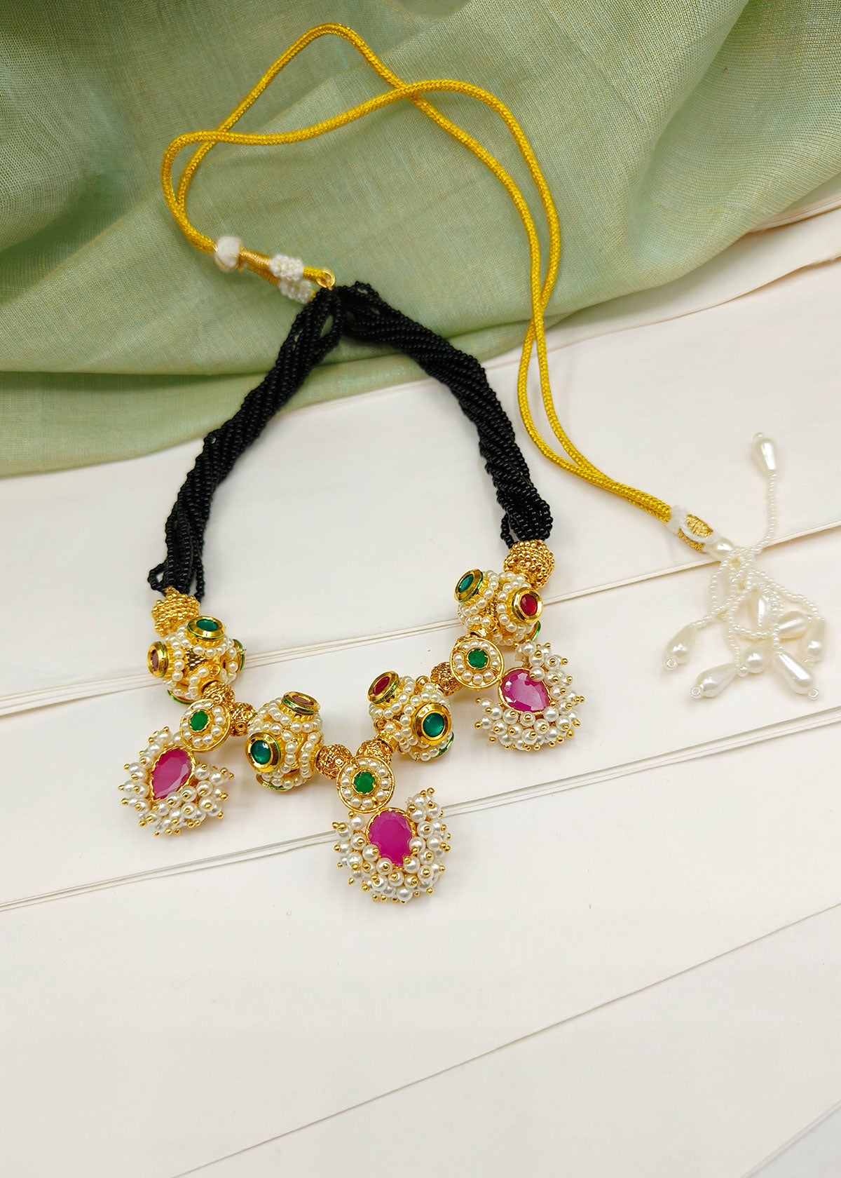 Traditional Maharashtrian Koli Style Black Thread With Ruby And Emerald Stone Adjustable Thauja Necklace