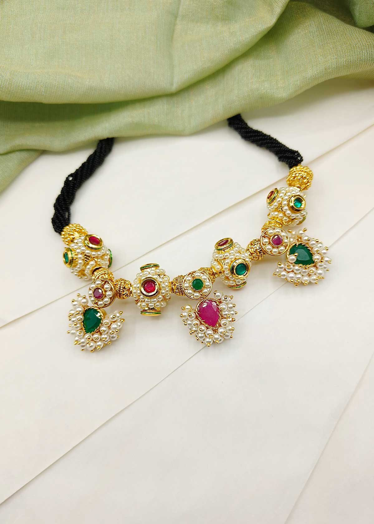 Traditional Maharashtrian Koli Style Black Thread With Ruby And Emerald Stone Adjustable Thauja Necklace