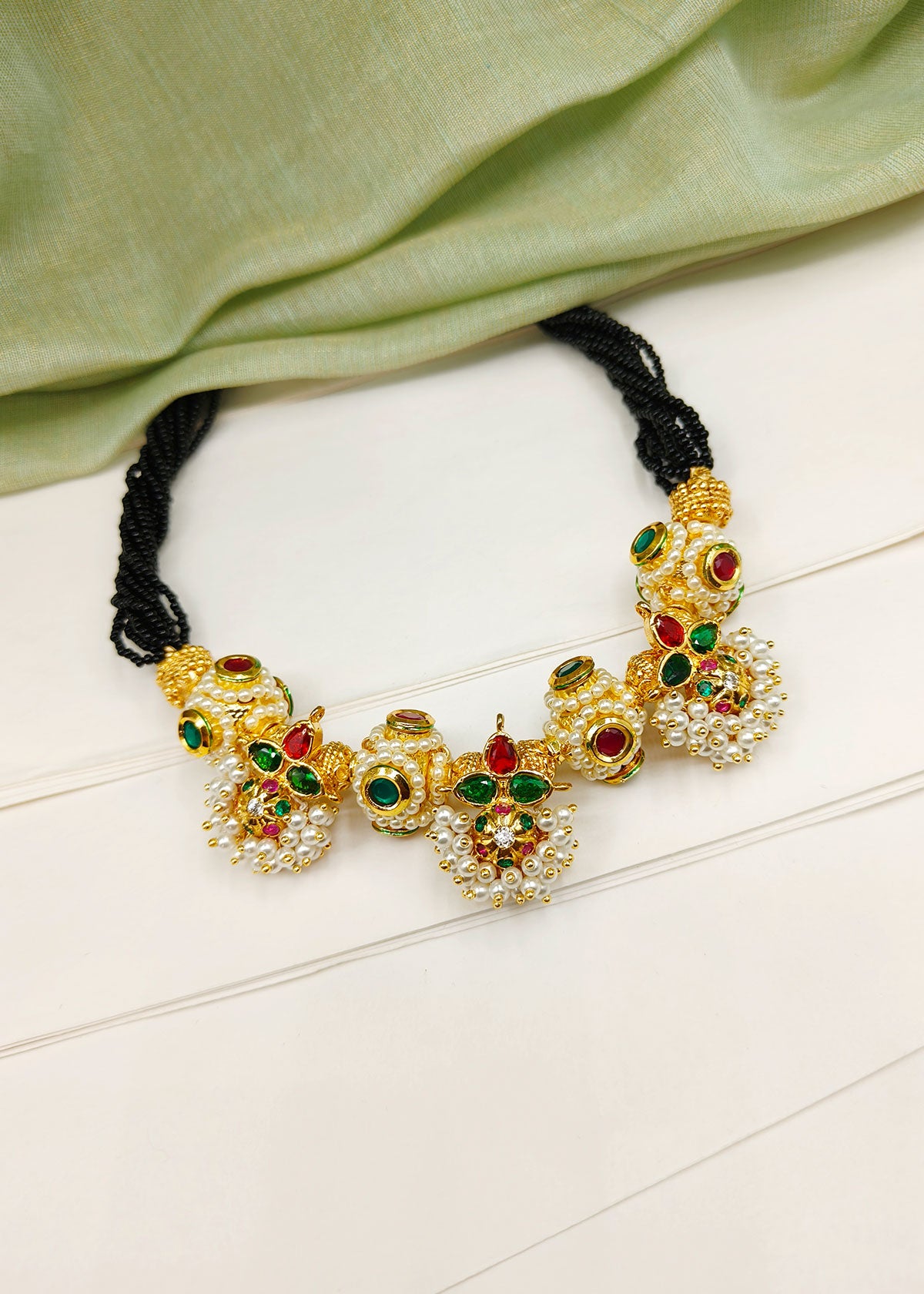Three Piece Pendant With Pearl Clusters And Meenakari Kundan Ball Traditional Maharashtrian Koli Style Adjustable Thauja Necklace