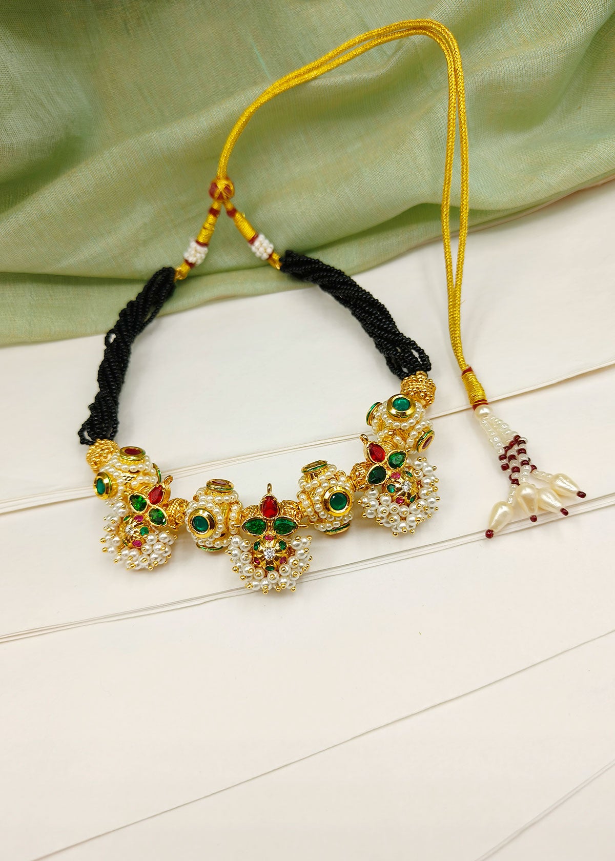 Three Piece Pendant With Pearl Clusters And Meenakari Kundan Ball Traditional Maharashtrian Koli Style Adjustable Thauja Necklace