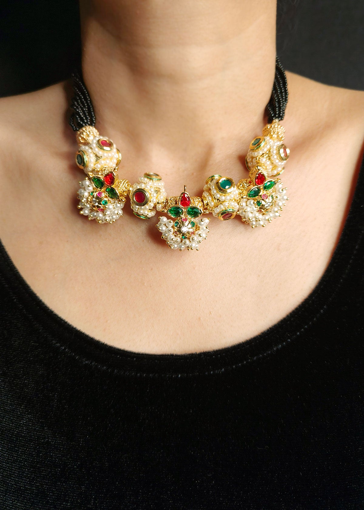 Three Piece Pendant With Pearl Clusters And Meenakari Kundan Ball Traditional Maharashtrian Koli Style Adjustable Thauja Necklace