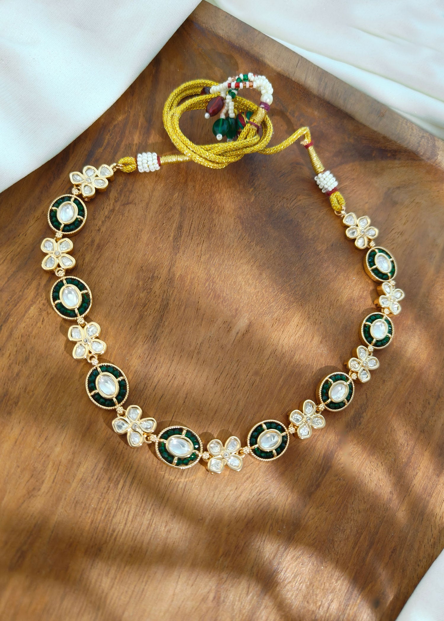 Ovel and Floral Kundan Dark Green Short Necklace set